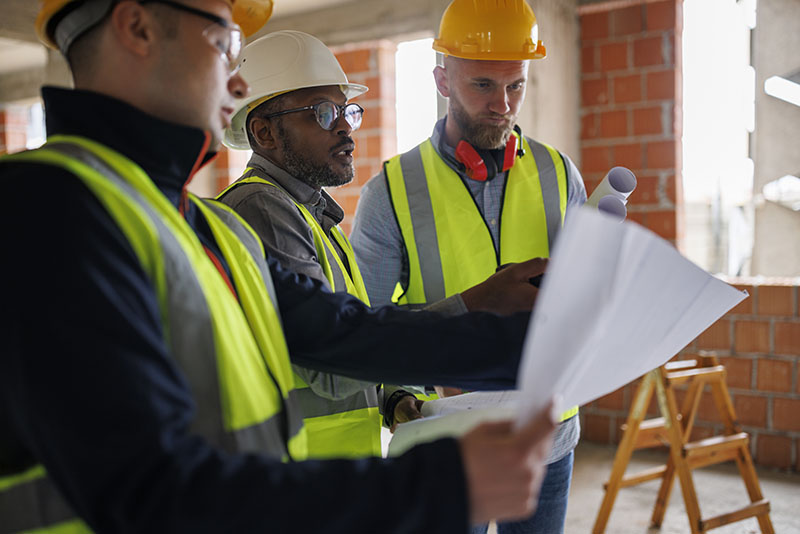 Three construction workers reviewing building plans