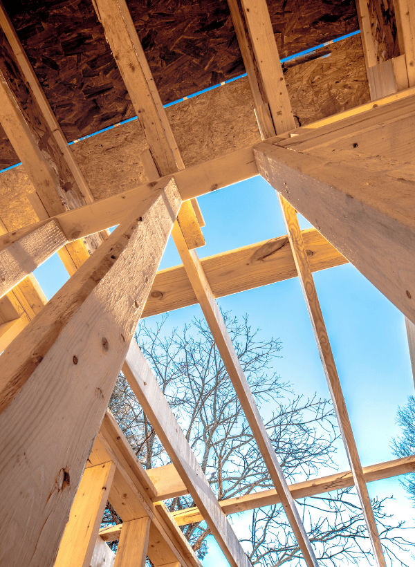 View of roof of a house being built from the inside