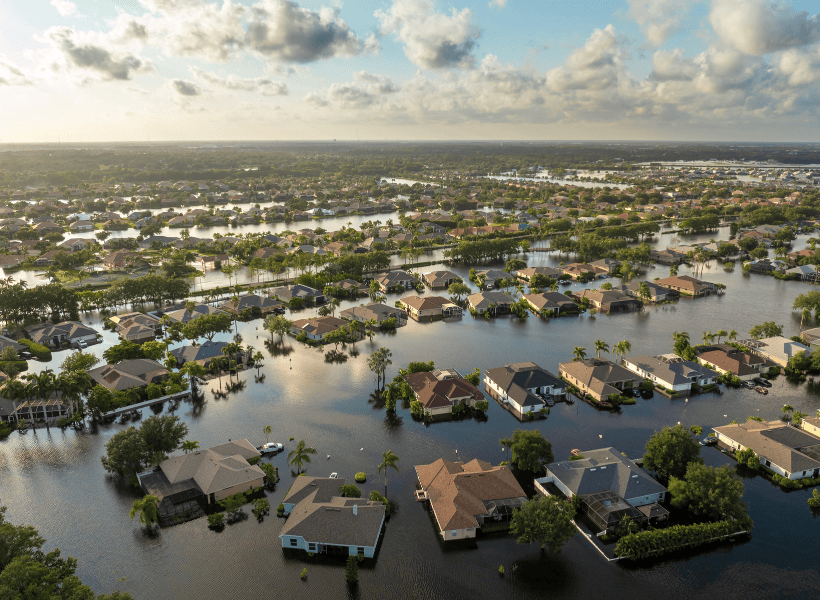 Aerial view of flooded suburban neighborhood