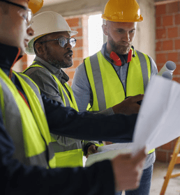 Three construction workers reviewing building plans