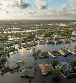 Aerial view of flooded suburban neighborhood