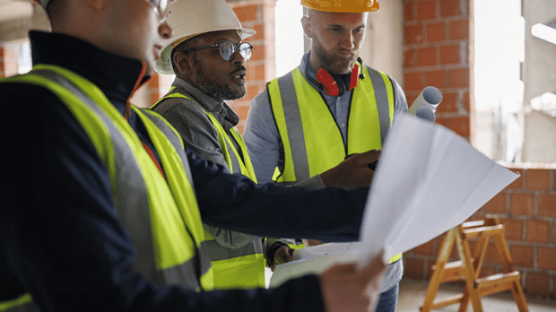 Three construction workers reviewing building plans