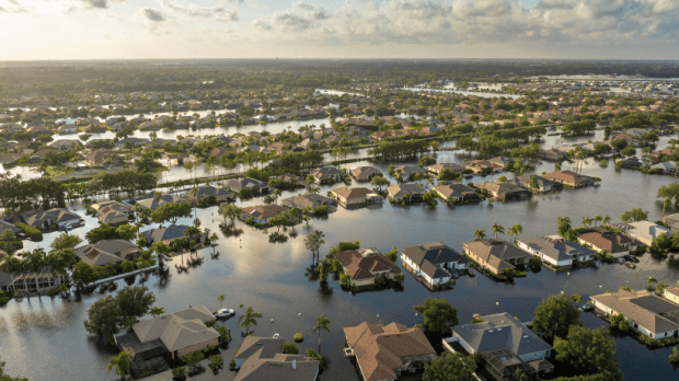 Flood Aerial view of flooded suburban neighborhood